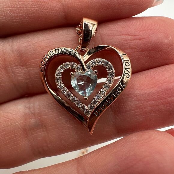 NIB Redbee 18kt GP, Rose gold over s925, "Aquamarine" CZ in heart necklace! - Picture 13 of 14